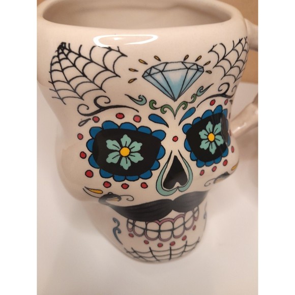 Skull Mugs Day Of The Dead Sugar Skull Halloween Mugs Cracker Barrel Stoneware - Picture 2 of 10